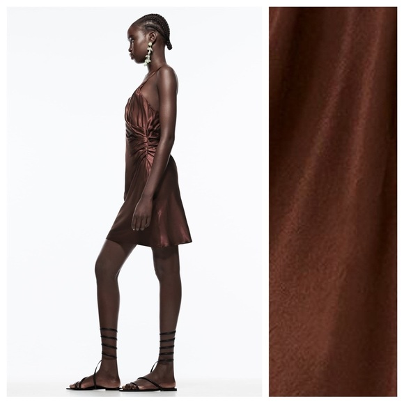 🌹NWT. Zara Brown Satin Effect Mini Dress with Side Ruching. Size S. - Picture 2 of 9